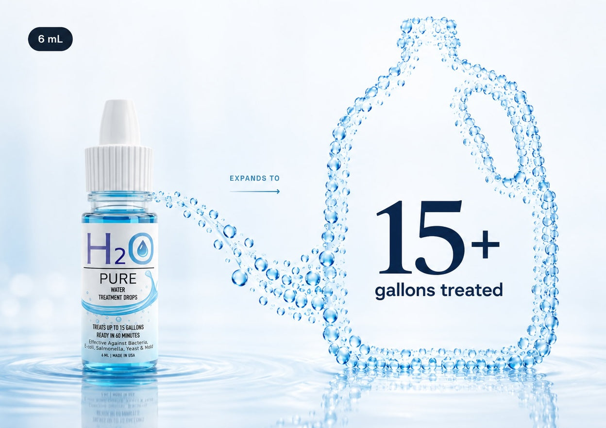 H2O Pure 6mL bottle expands to treat 15+ gallons